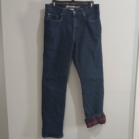 Blue Denim Jeans with Red Plaid Cuff - Picture 1 of 7